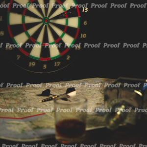 Fine art image of a dartboard above a map with darts, whisky glass, and tipped bottle for Anatomy of Release art