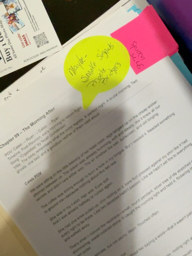 Printed early draft of Anatomy of Release showing Caleb’s deleted POV chapter, “The Morning After,” with handwritten revision notes and colorful sticky notes.
Copy alt text